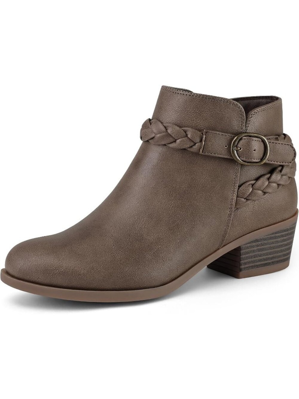 Women's Taupe Low Chunky Heel Round Toe Wide Width Short Side Zipper Ankle Boot